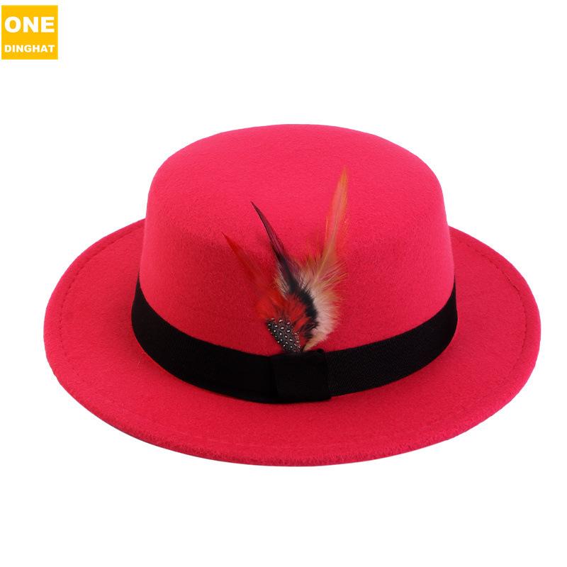 Men'S And Women'S Woolen Wool Flat Top Top Top Hat Retro Chicken Feather Jazz Hat Gentleman'S Hat Jdl-008A