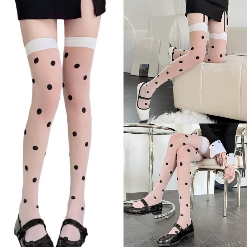 Women Stockings with Attached Garter Belt Japanese Round Dot Jacquard Pattern Sheer Pantyhose Tights Thigh High Long Socks