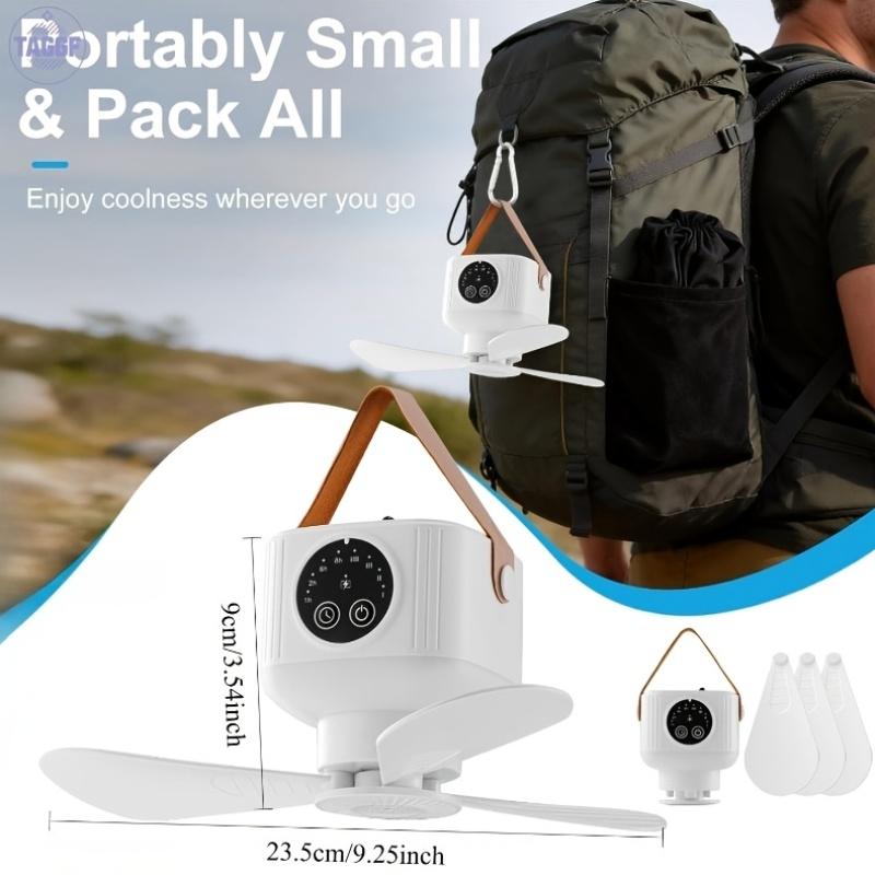 Outdoor Portable USB Rechargeable Camping Fan with LED Lantern, 3 Speed Adjustable, 8H Timer, Remote Control, Small Hanging Fan for Tent, RV, Camper