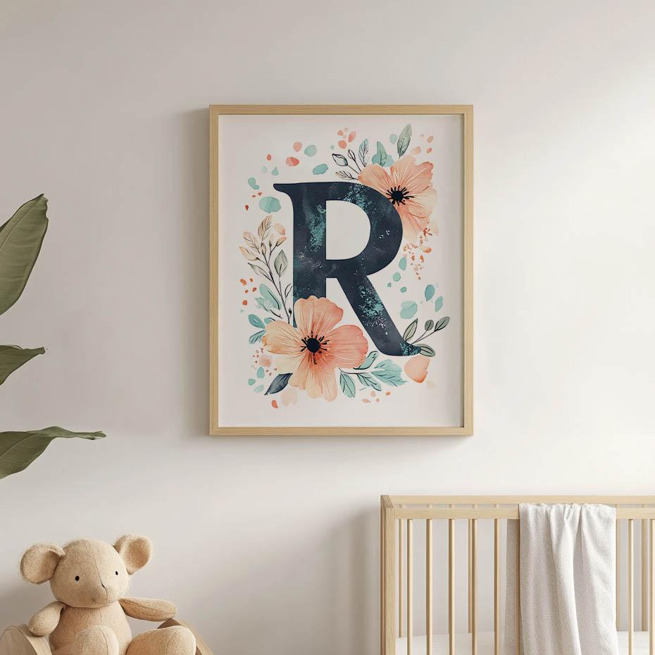 Poster Letter "R" In Floral Wreath Poster Letter "R" In Floral Wreath, 30X40 Cm, Frameless, Matte Paper 230 Gsm
