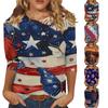 T-shirt Top Décontracté Tendance pour Femme Imprimé Drapeau Américain et Étoiles Fête de l'Indépendance Manches Trois-Quarts Col Rond