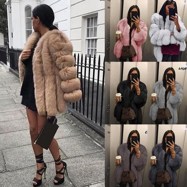 Damen Winter Luxus Kunstpelz Abendkleid Mantel Elegant Pelzig