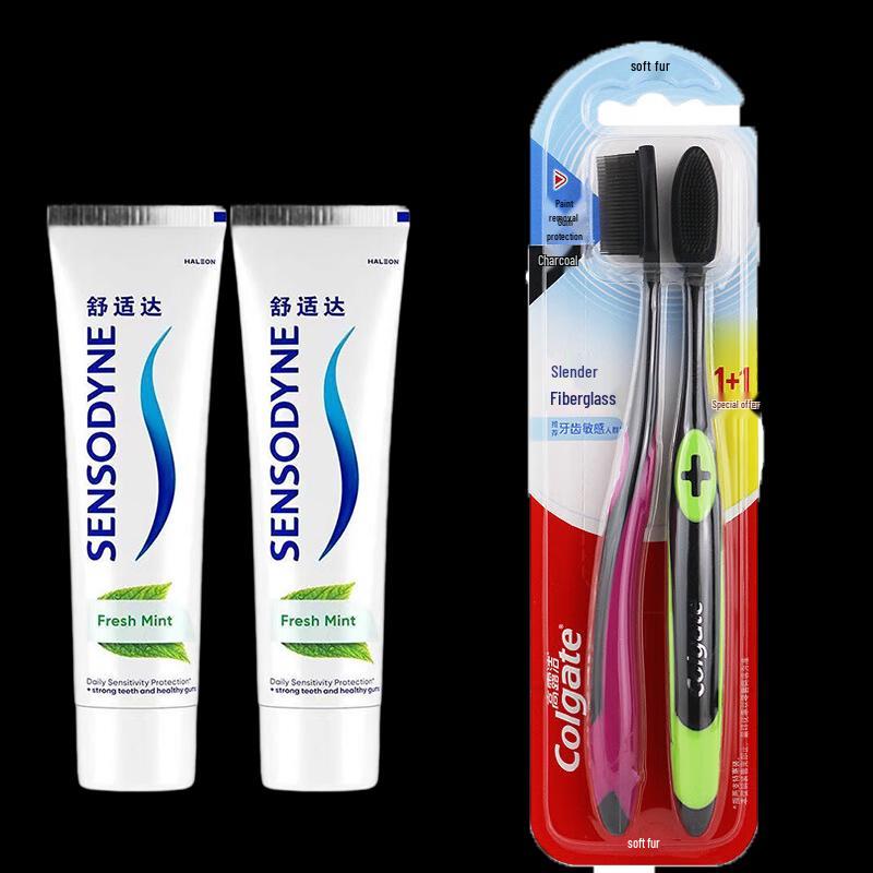 Sensodyne Cool Mint Toothpaste (2x100g) with Soft Charcoal Toothbrush