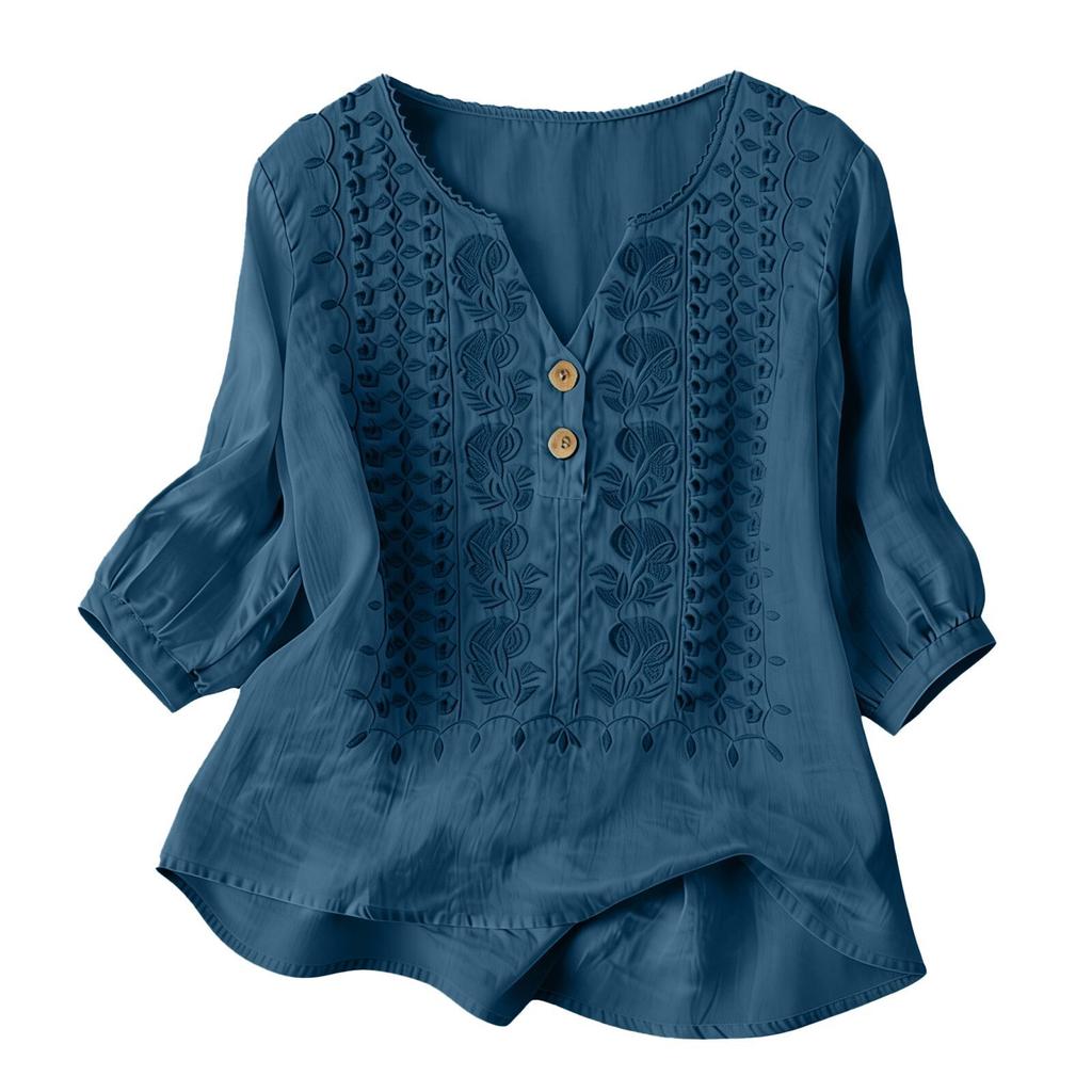 Women Boho Embroidered Blouse V‑Neck Linen Blouse Loose Button Decor Casual Tunic Top for Ladies Daily Wear