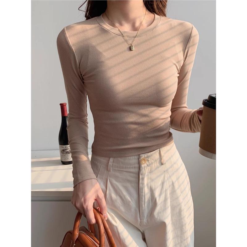 

Women s Ribbed Slim Fit Long Sleeve T-Shirt - High Elastic, Straight Shoulder, Bodycon Base Layer, Small Top for Spring and Autumn. S абрикосовий