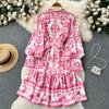 Vintage Summer Floral Print Ruffles Single Breasted Long Sleeve High Waist Vocation Beach Long Women Dress