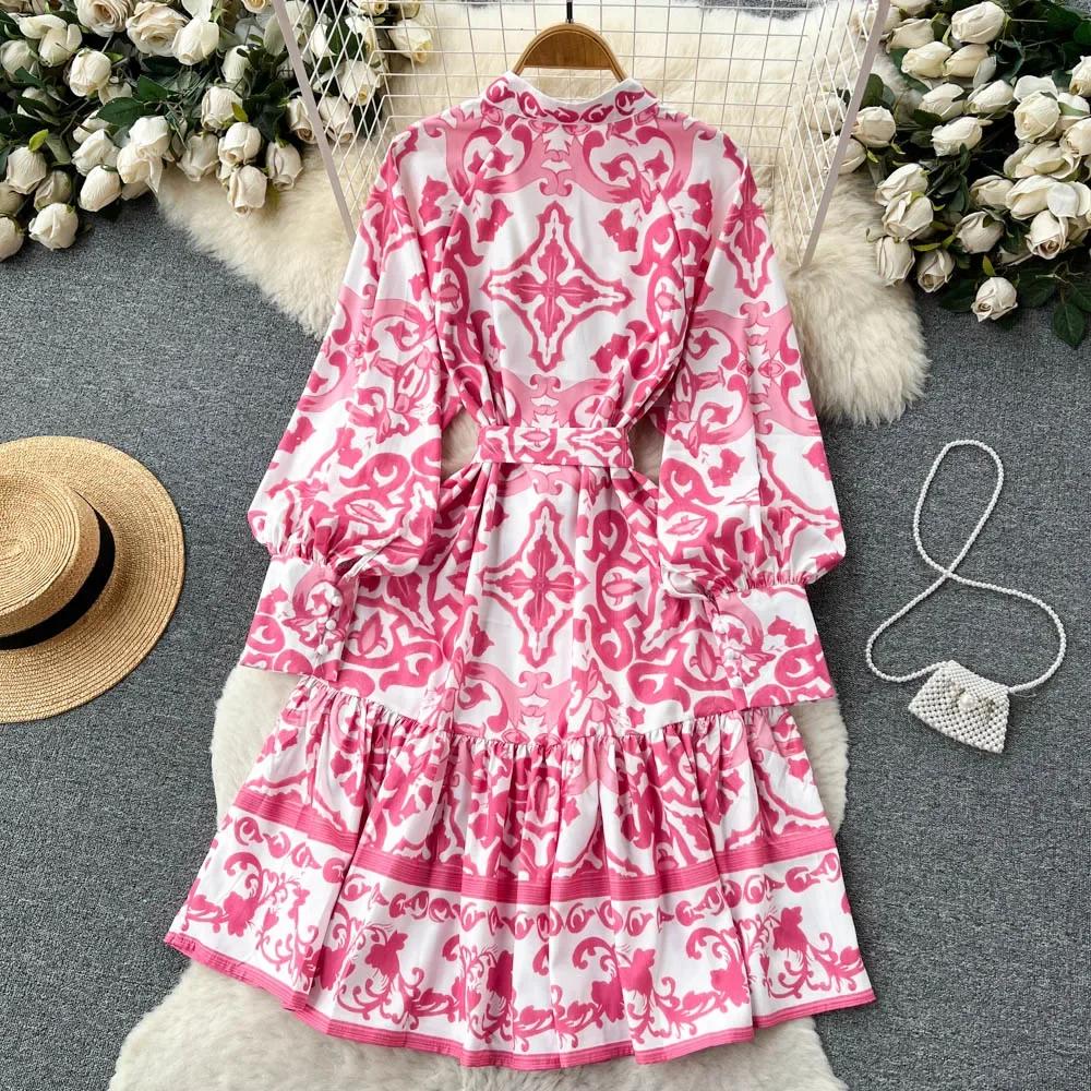 Vintage Summer Floral Print Ruffles Single Breasted Long Sleeve High Waist Vocation Beach Long Women Dress