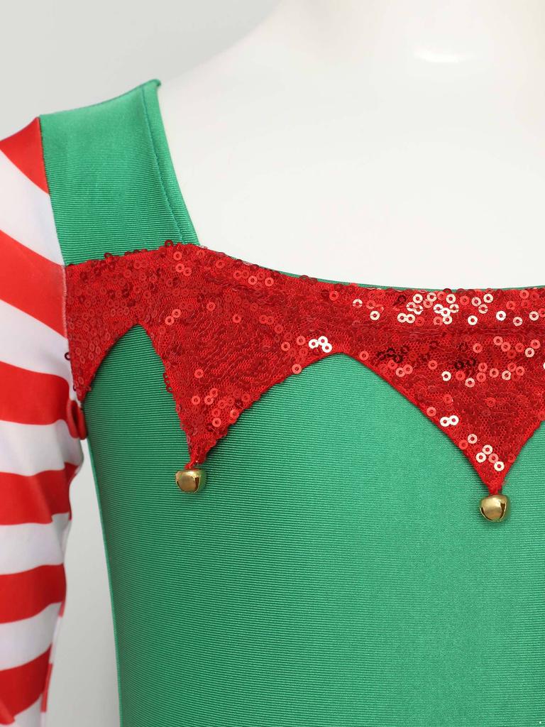 Girls Christmas Elf Costume Santa Little Helper Dress Striped Tutu Bodysuit Holiday Party Suit
