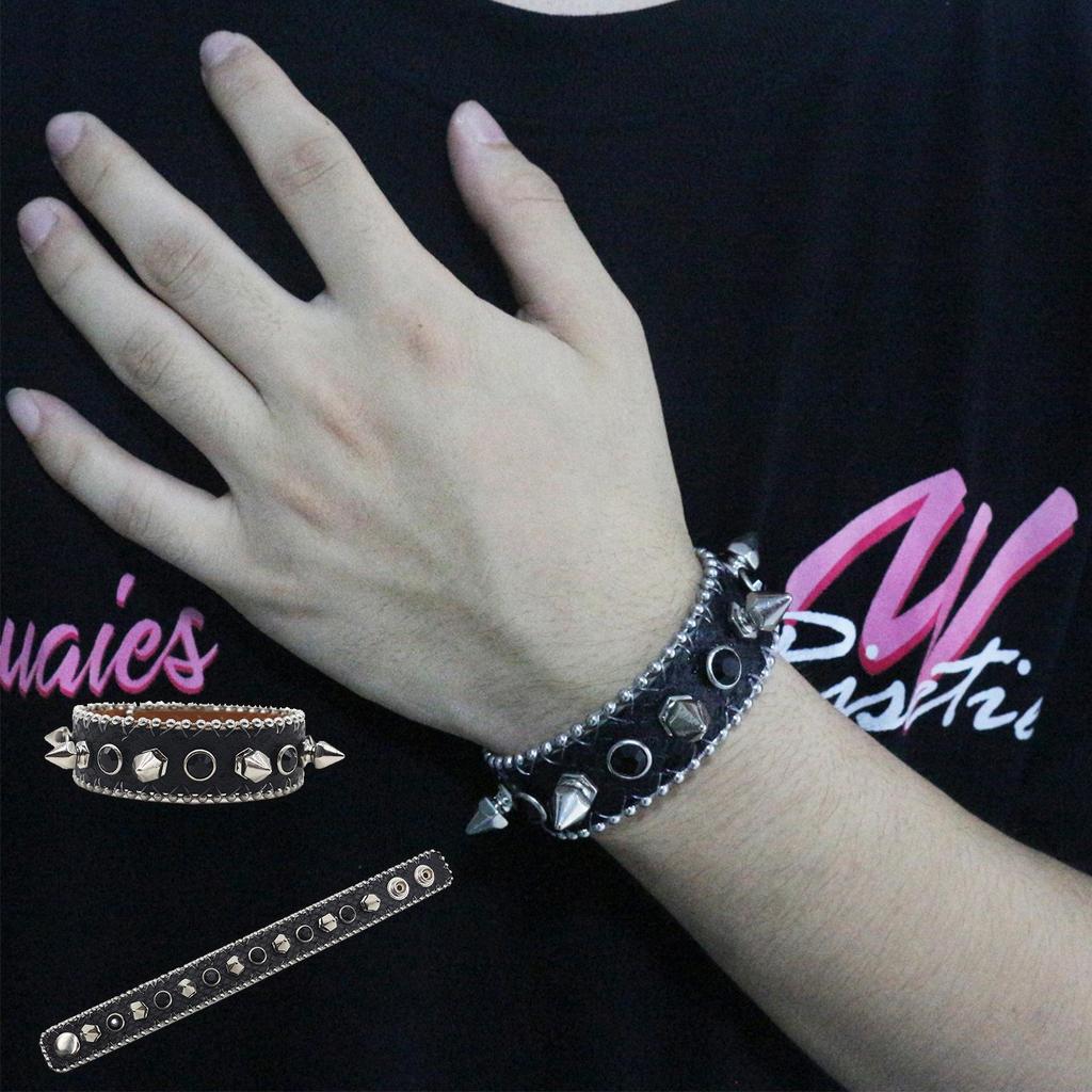Y2K Gothic Punk Rhinestone Studded Leather Bracelet Wristband