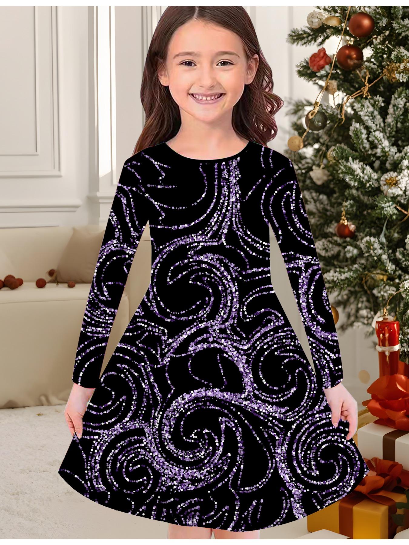 

Girls Autumn and Winter Fashion Dress, 3D Vintage Pattern Print Round Neck Long Children s T-shirt Dress, Casual Versatile, Christmas Clothing 170 фиолетовый