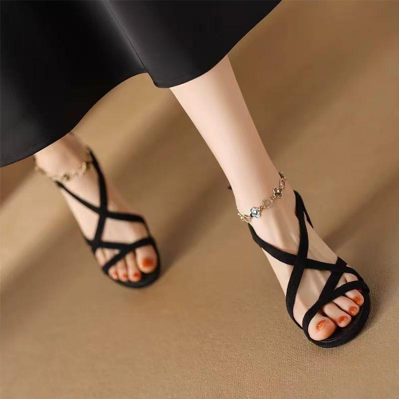 2025 summer new fairy rhinestone one-word buckle with skirt sandals women's French thick heel Roman high heels