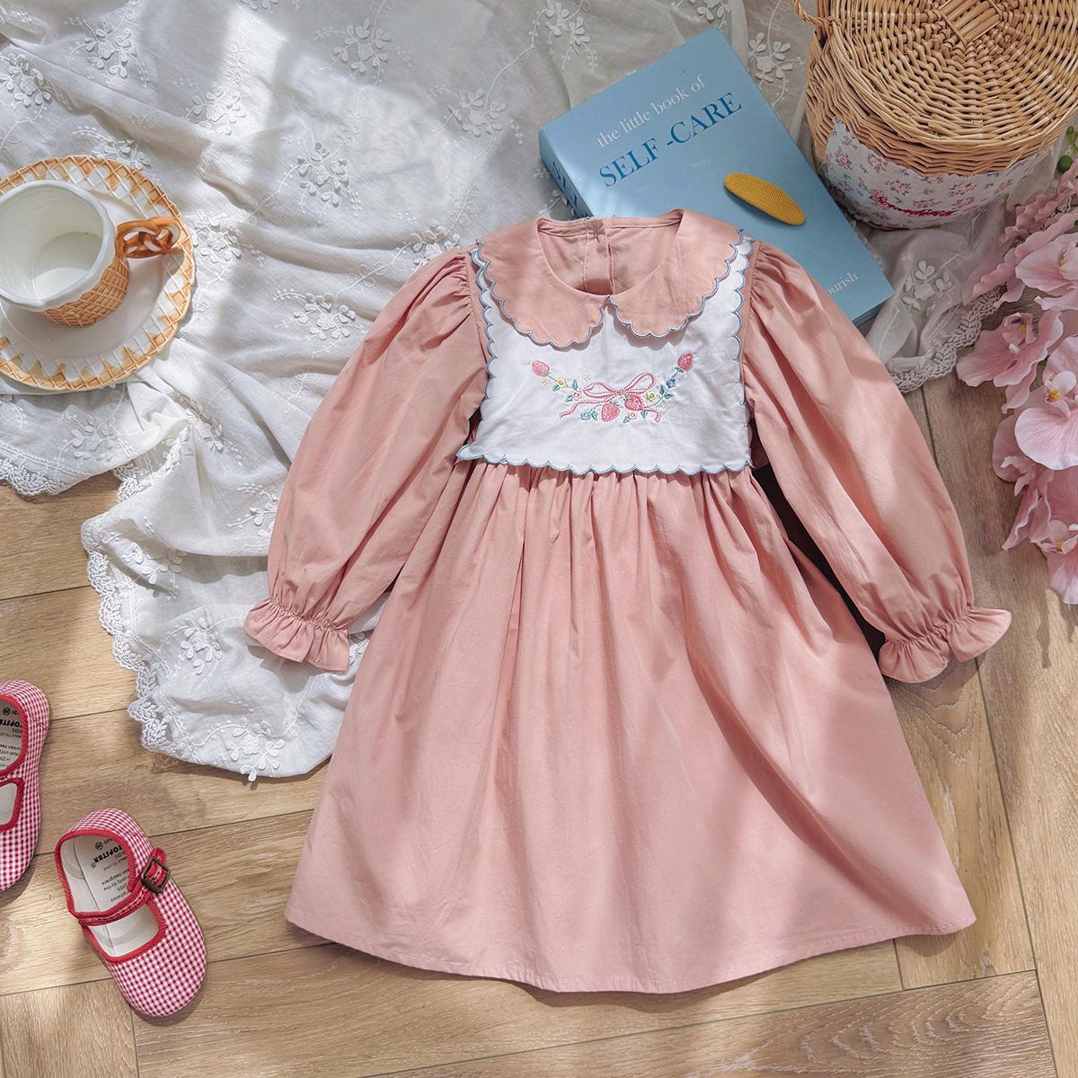 Sweet Strawberry Embroidered Princess Dress: Autumn 2025 Two-Piece Look, Color Block, Long Sleeve Cotton Dress for Girls 120 cm