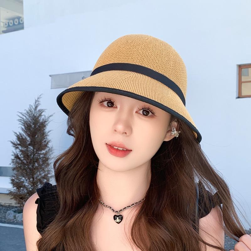 Spring and Summer Women's British Top Hat Thin Knitted Basin Hat Seaside Vacation Simple Sunshade Fashion Bucket Hat