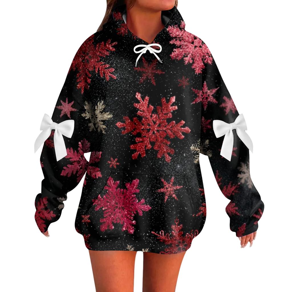 Ladies' Christmas Printed Bow Long Sleeved Loose Fitting Headband With Rope Hooded Sweatshirt Top