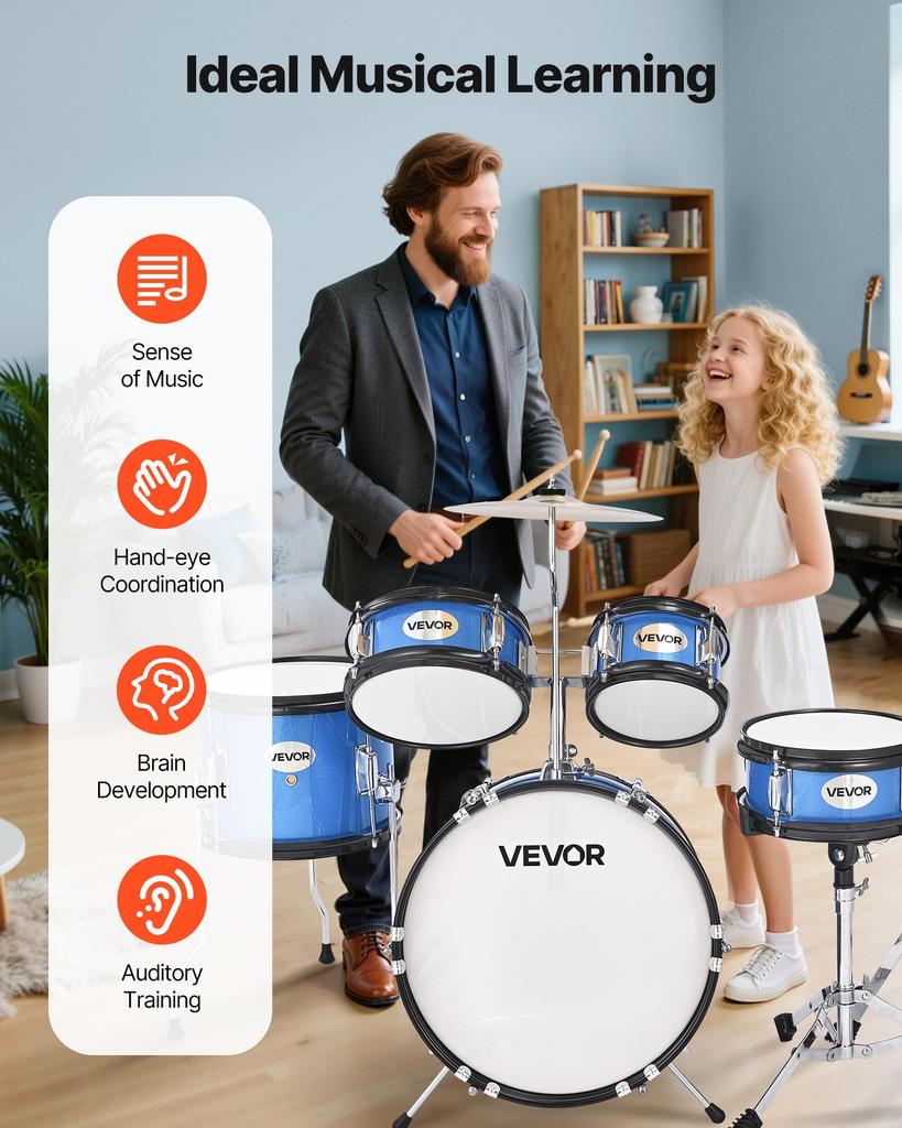 VEVOR Kids Drum Set, 5-Piece 14 in / 355.6 mm Junior Drum Sets, Beginner Drums Set with Adjustable Throne and Two Pairs of Drumsticks