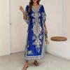Women's V Neck Short Sleeve Maxi Dress Loose Fit Elastic Waist Bohemian Printed Beach Dress
