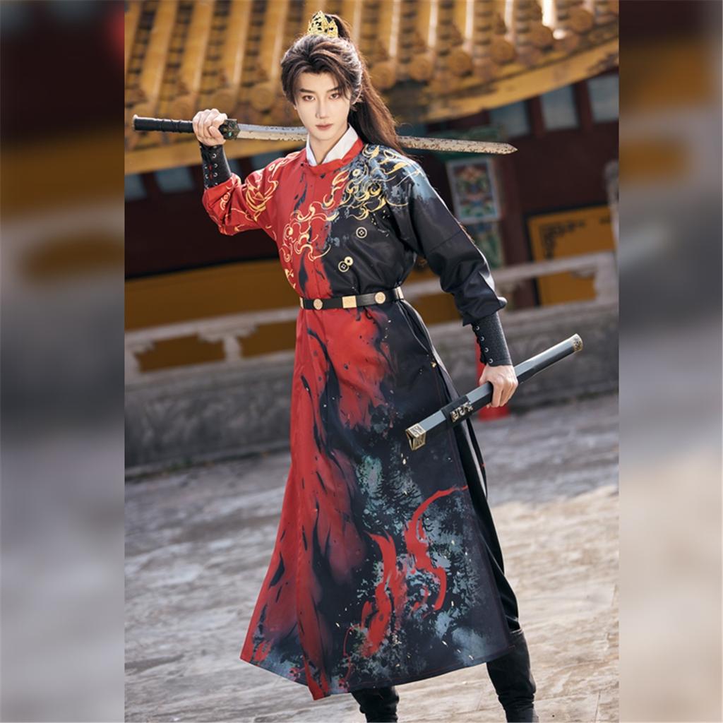 Chinese Tang Dynasty Style Round Neck Robe And Hanfu Daily Printed Suit For Handsome Male And Female Knights