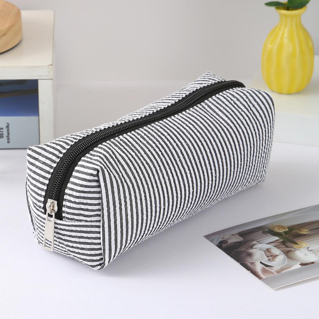 Cute Striped Canvas Pencil Case, Small Travel Pouch with Zipper, Large Capacity Portable Stationery Bag for School Office Girls