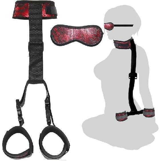 BDSM Neck to Wrist Restraints Bondage Set - Behind Back Handcuffs Collar with Blindfold Adjustable Bondage Set Bed SM Games Play Sex Toys for Couples