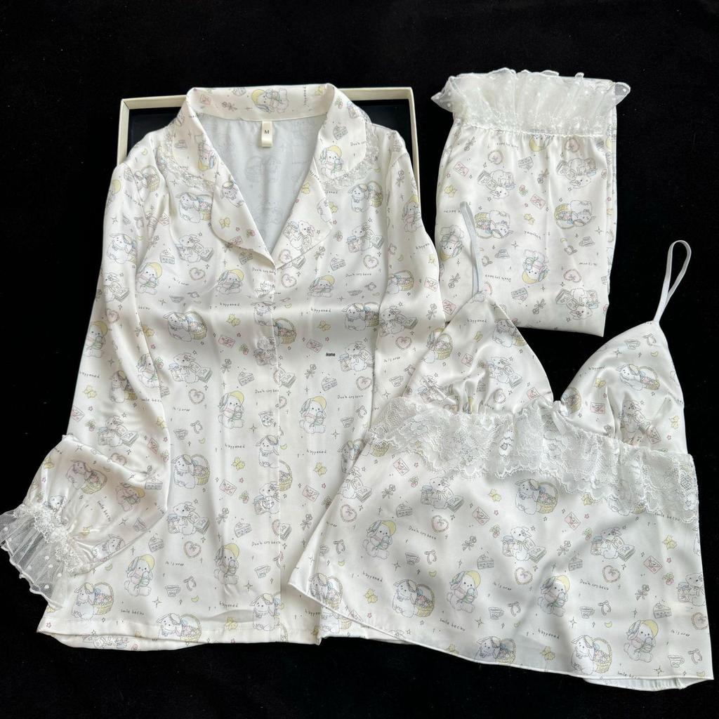 2026 Women's Ice Silk Floral Pajama Set: Long Sleeve Top, Long Pants, Lace Camisole with Bra Pads