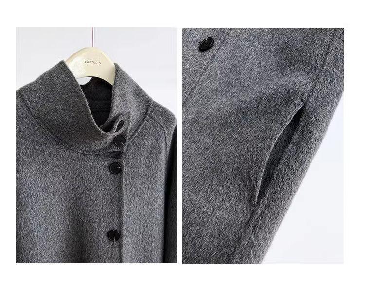 Women's 2024 Autumn/Winter Stand Collar Cashmere Coat - Mid-Length, Double-Sided, Waist-Cinched.