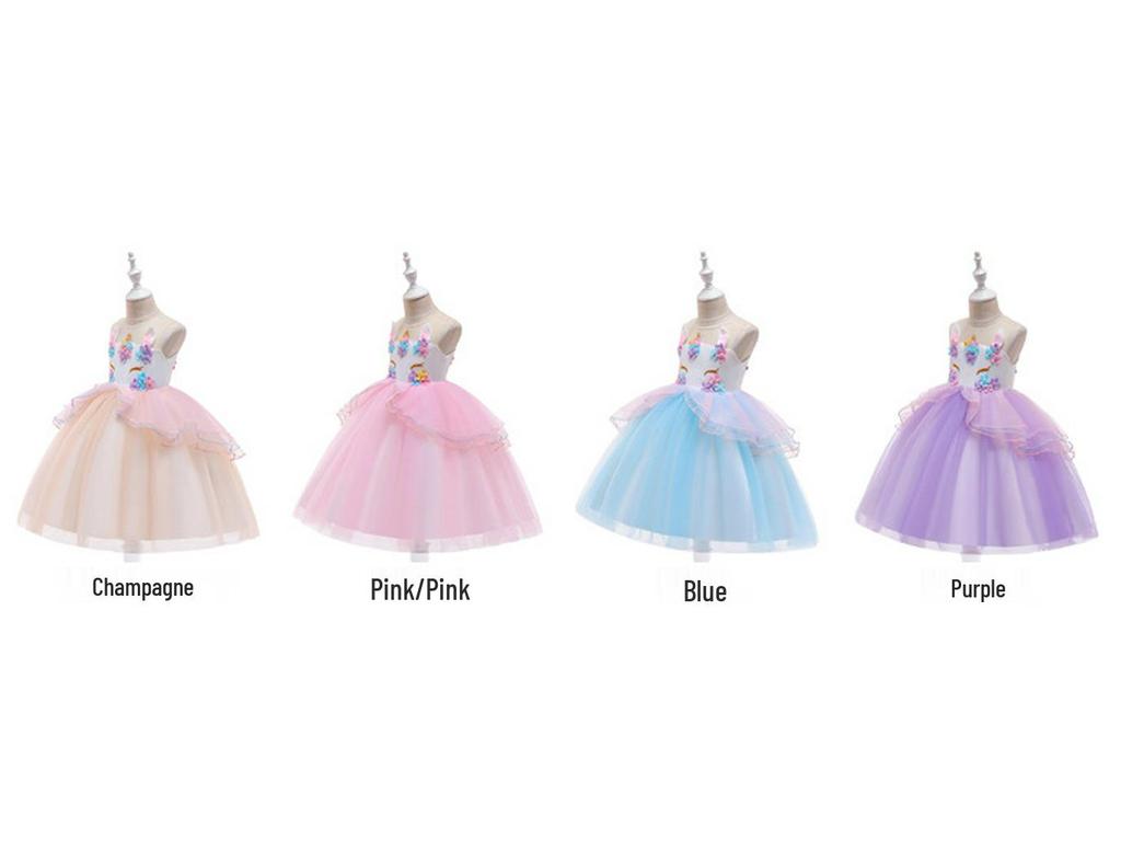Princeznovské nadýchané šaty s jednorožcem pro dívky - Letní outfit na klavírní vystoupení