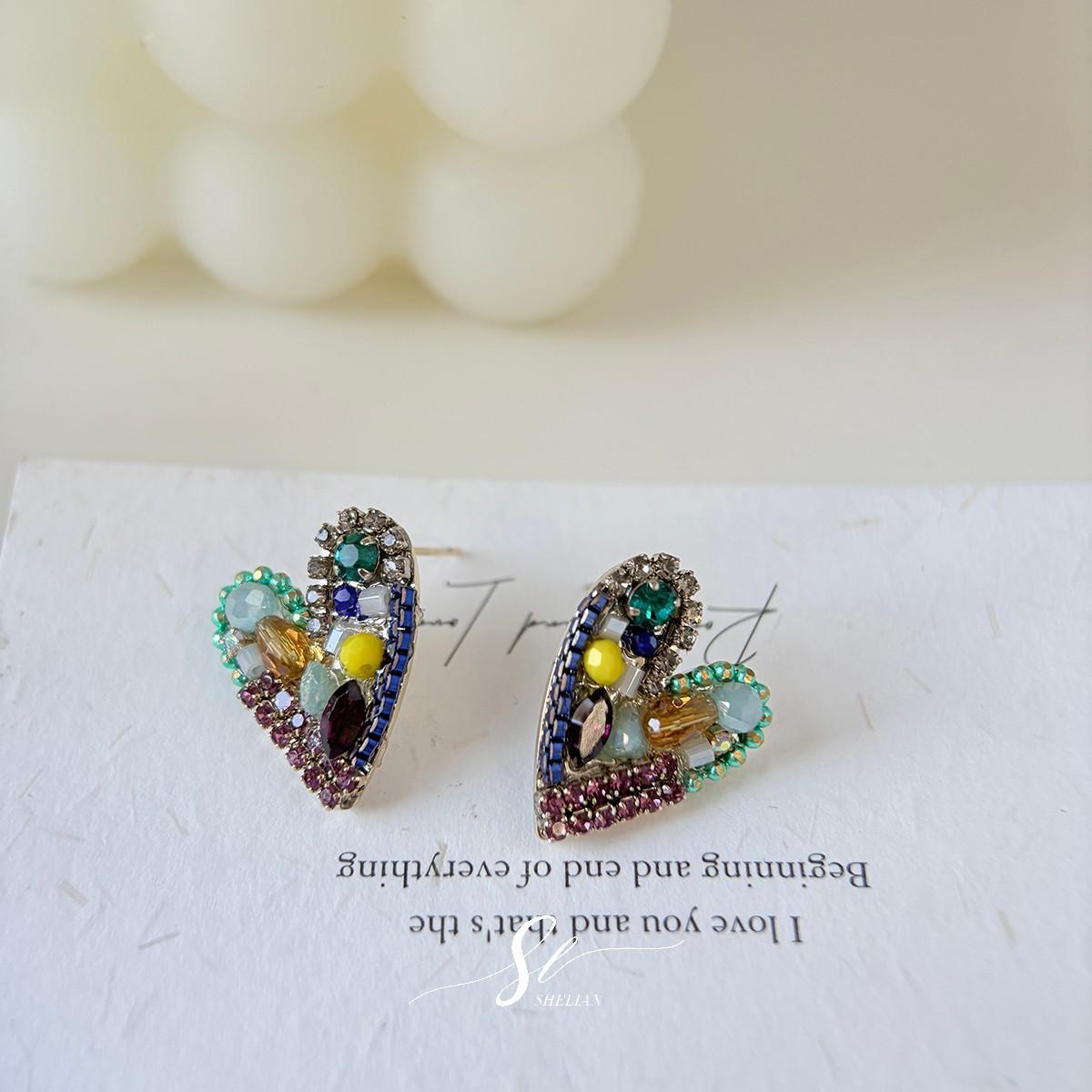 

Multicolor Heart Earrings for Women Glass Beads Cluster Studs Jewelry Girl Party Gift