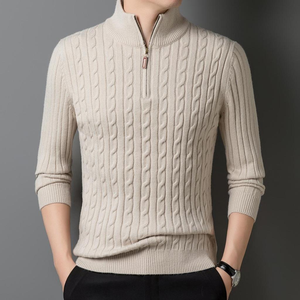 2024 Winter Men's Wool Sweater: Solid Color Jacquard Knit, Warm Thickened Half-Zip
