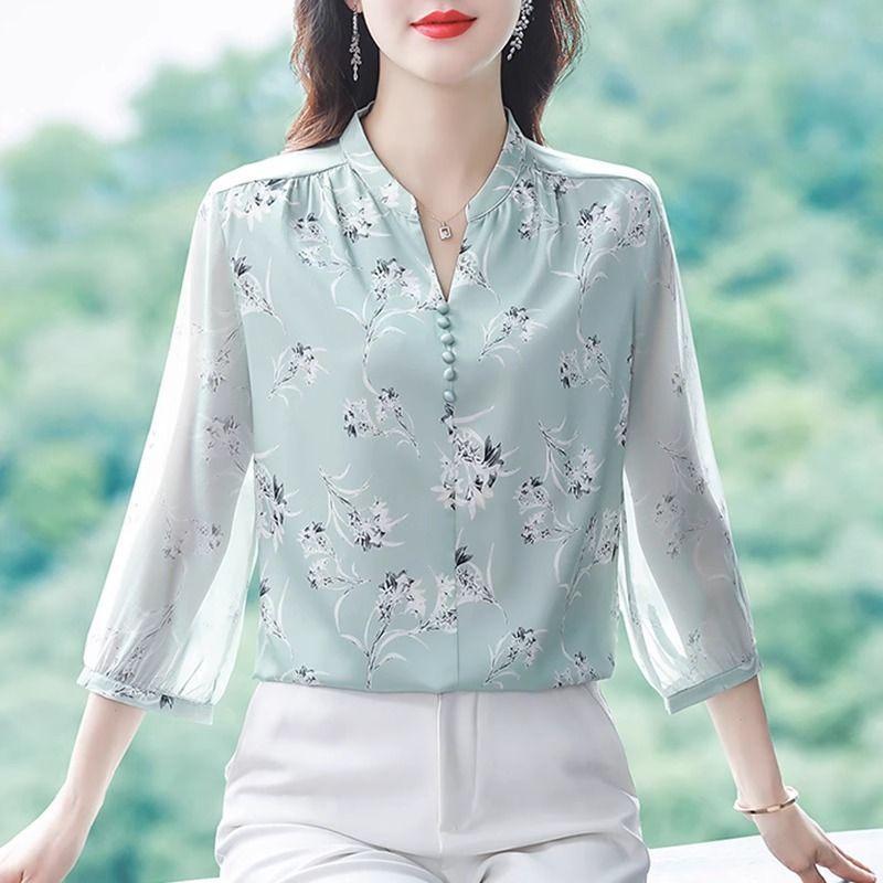 Chemisier en mousseline de soie doux pour femmes, manches bouffantes, hauts et chemisiers coréens pour femmes, cardigan, chemises à imprimé floral, printemps été