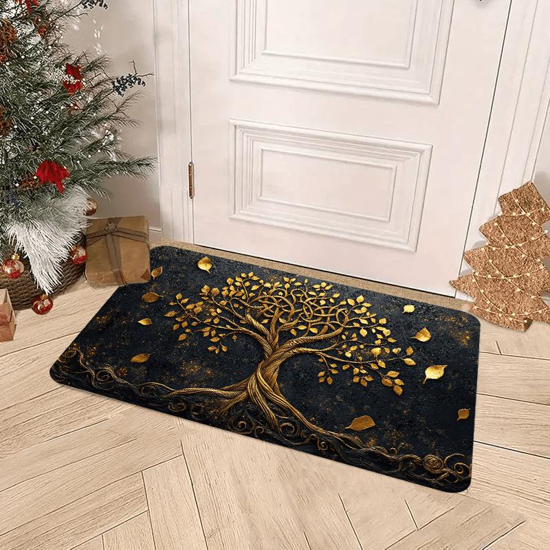 Golden Tree of Life Celtic Knots Doormat, Black Gold Polyester Mat for Christmas Home Entrance Decor, Washable