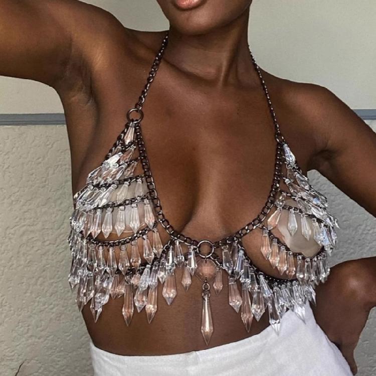 Acryl Edelsteine Brustketten Bikini BH für Musikfestivals Damen Mehrschichtiger Körperschmuck Kristall Camisole Crop Top