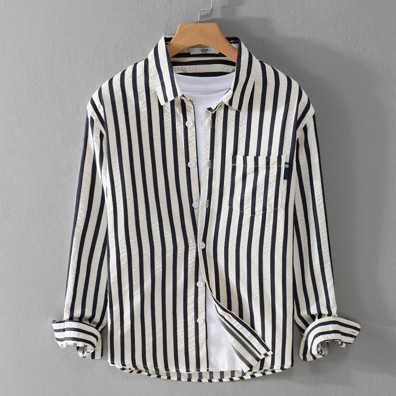 Men's Striped Long-sleeved Shirt Trend Bubble Texture Comfortable Everything Simple Young Men's Shirt