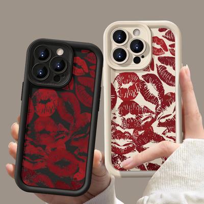 Fashion Red Lips Print TPU Soft Phone Case For iPhone 16 Pro Max 15 Plus 14 Pro 13 12 11 XR XS 8 7 Lens Protection Shockproof Matte Bumper Cover