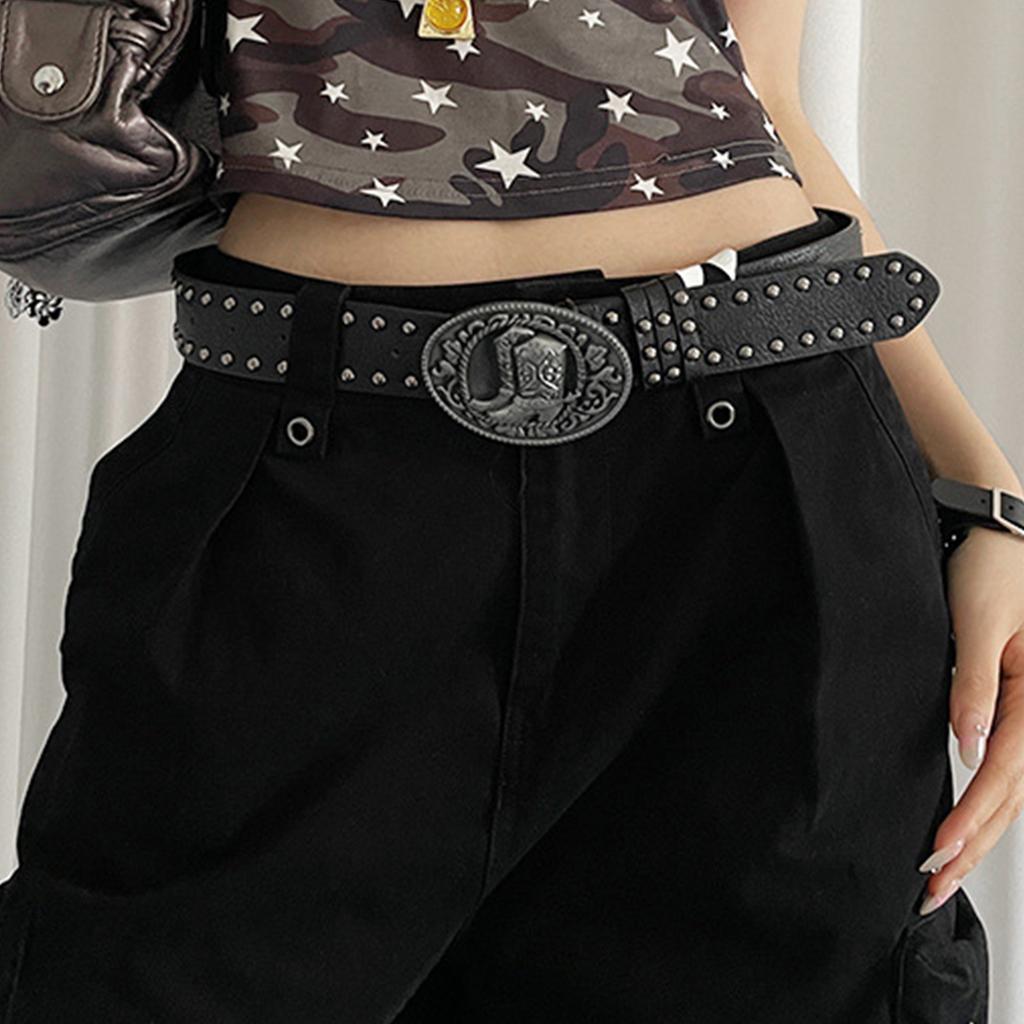 Retro Studded Women's Fashion Belt Decorative Carved Motif Adjustable Cowgirl Punk Style PU Leather Accessory