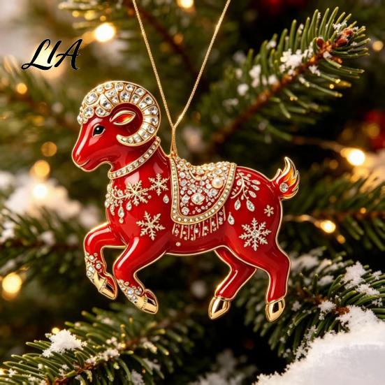 Christmas Tree Decoration Acrylic Goat Pendant, Decorative Hanging Ornament with Xmas Pendant Rhinestone, Golden Cord for New Year Party Unique