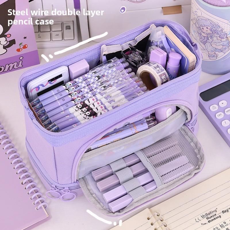 Essential for back to school large capacity double-layer pencil case High-quality pencil eraser ruler storage bag office supplie