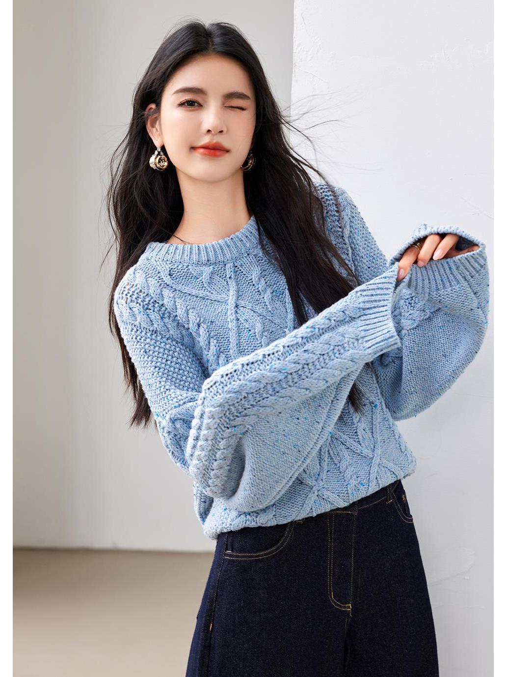 

Женский синий свитер с кабельным узором, с круглым вырезом, толстый, теплый, свободного кроя для осени/зимы 2025 M