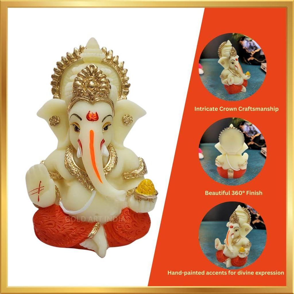 Resin Lord Ganesha Idol for Car Dashboard, Home, Office | Ganpati Statue for Mandir Decor | Handcrafted Ganesh Murti (Red & Ivory)