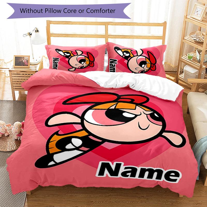 3pcs The Powerpuff Girls4 Cover Set - Personalized Name, HD Printed Bedding with 1 Cover and 2 Pillowcases - Perfect for Home Decor, Easy Care