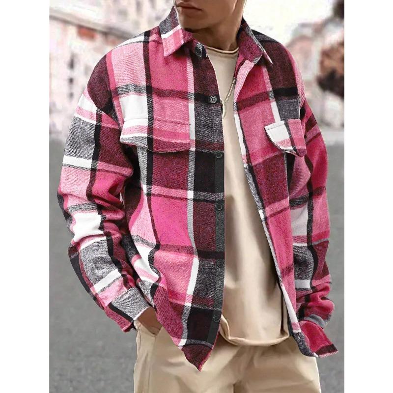Men's Lapel Checkered Shirt Retro Brushed Casual Long-sleeved Jacket