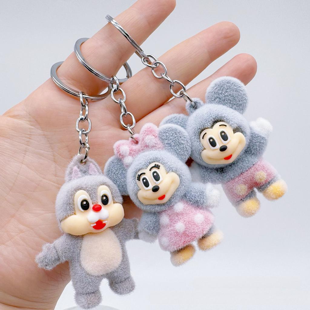 Flock Doll Keychain - Cute Donald Duck Mickey Minnie Cartoon Key Ring Bag Accessories Christmas Party Gifts