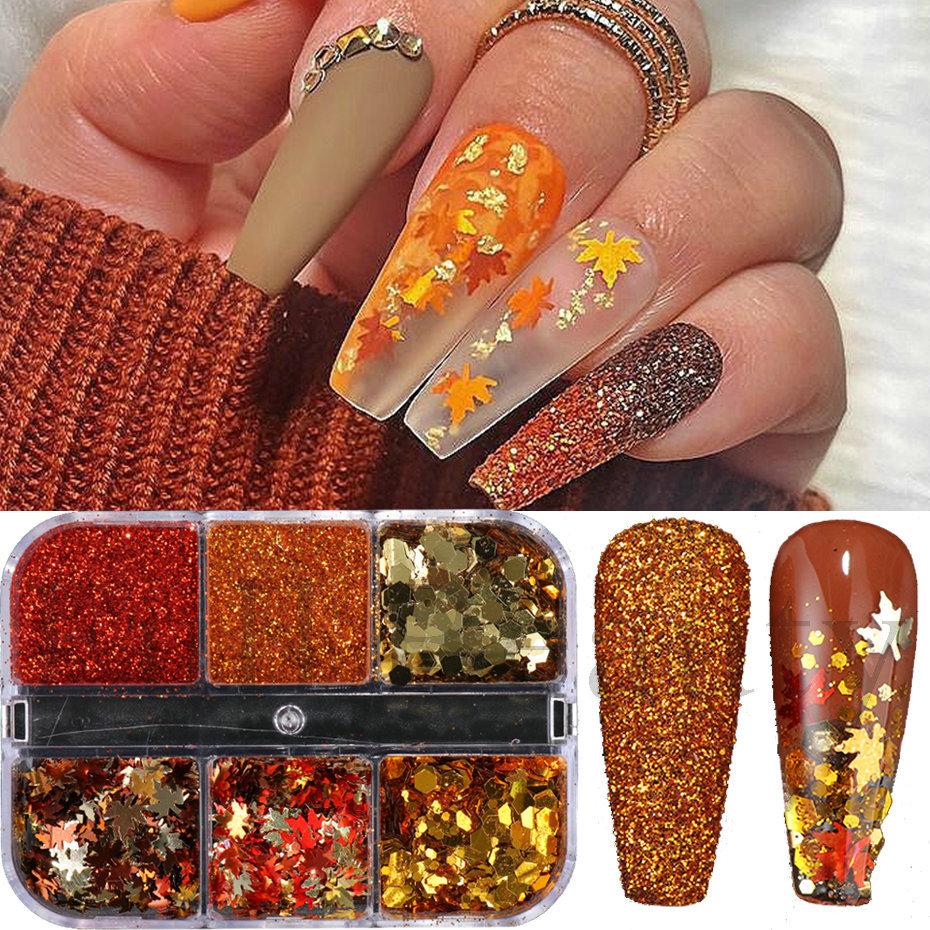 Nail Art Sequins 6-Gate Box Autumn Thanksgiving Maillard Color Symphony Maple Leaf Sequins Glitter