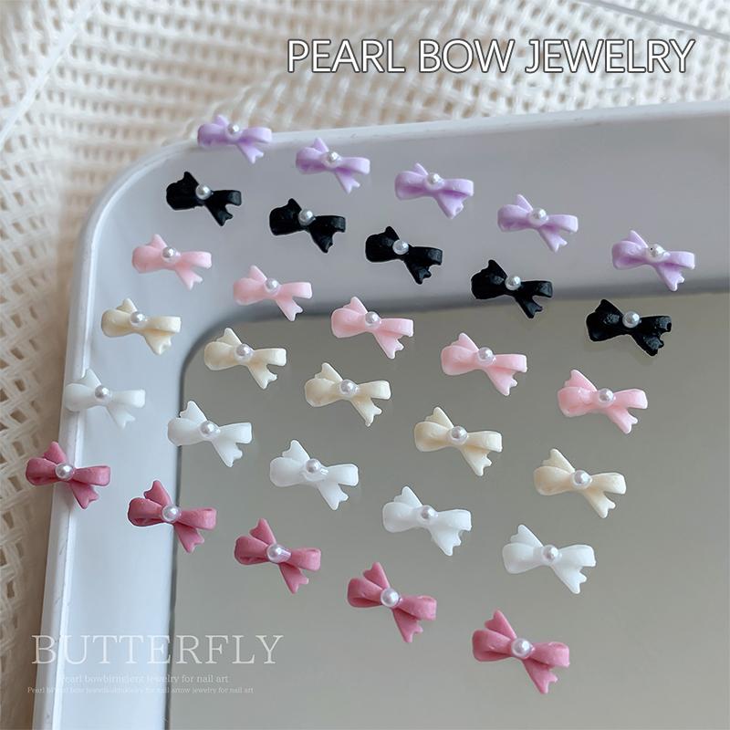 10Pcs Kawaii 3D White Blue Ribbon Bowknot Bow Pearl Nail Art Diy Nails Accessories Decoration Charms