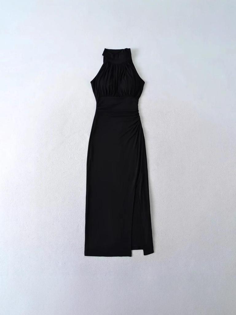 Elegant Women's Slim Fit Halter Neck Dress with Waist-Cinched Flowy Skirt and Side Slit