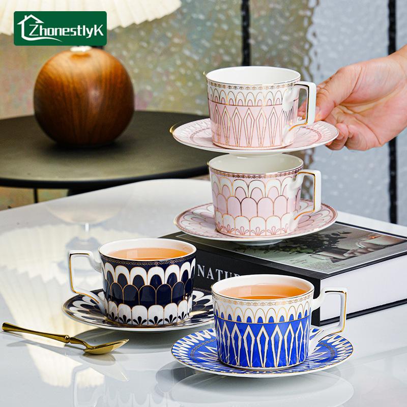 European Style Gold Edged Bone China Coffee Cup with Dish Office Light Luxury Ceramic Mug Afternoon Tea Cups Household Drinkware