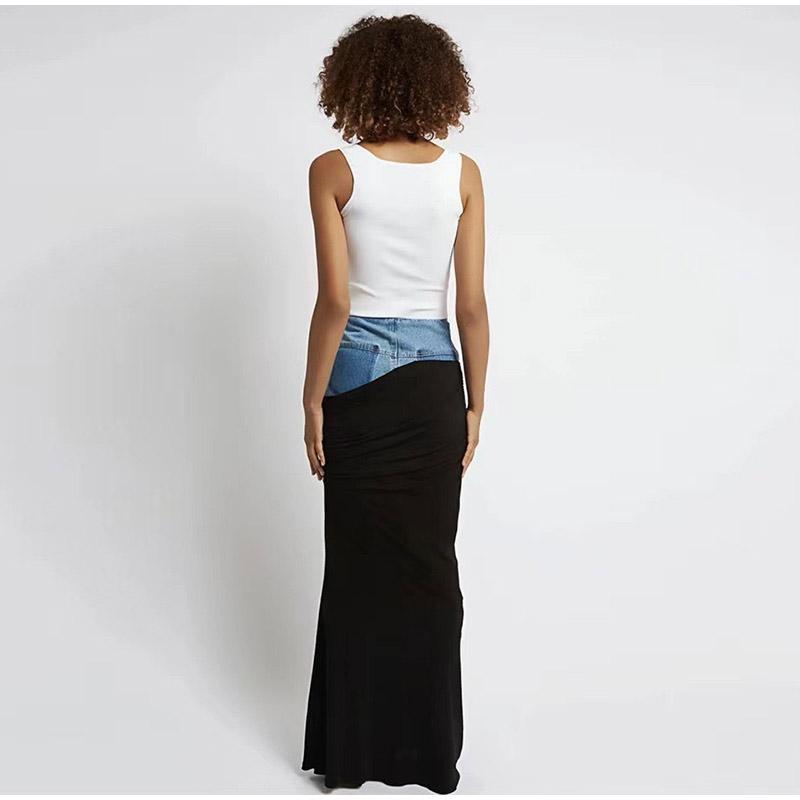 Modern Deconstruction High-waisted Denim Skirt Women's Two-piece Illusion Black Ruffled Splicing Design Sensibility Long Skirt