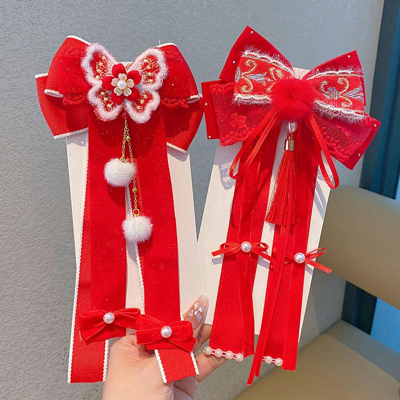 New Year Cute Pompom Kids Hair Clips Winter Plush Hairpins Braid Accessory Red Bow Princess Girl Headwear New Year Gift For Kids