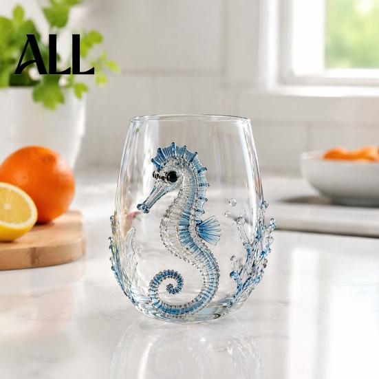 Unique Gift for Ocean Lovers 12oz Octopus Water Cup, Embossed Design, Hand Painted Marine Style Themed Glassware Drinking Home Bar Decor Stemless