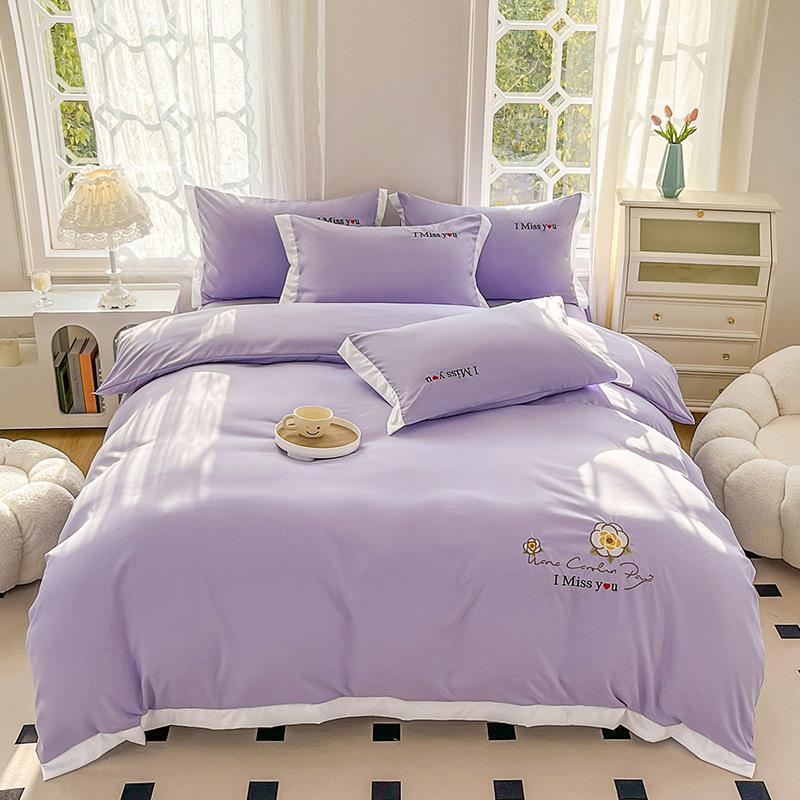 Ins Korean Version of Washed Cotton Bedding Four-piece Set Bed Sheet Quilt Cover Embroidery Dormitory Bedding Three-piece Set