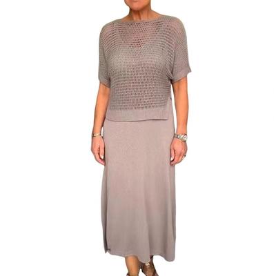 2 Stück/Set Damen Top Kleid Set Aushöhlen Gestrickt Rundhals Kurzarm Top V-Ausschnitt A-Linie Ärmelloses Sommerkleid Dame Midikleid C